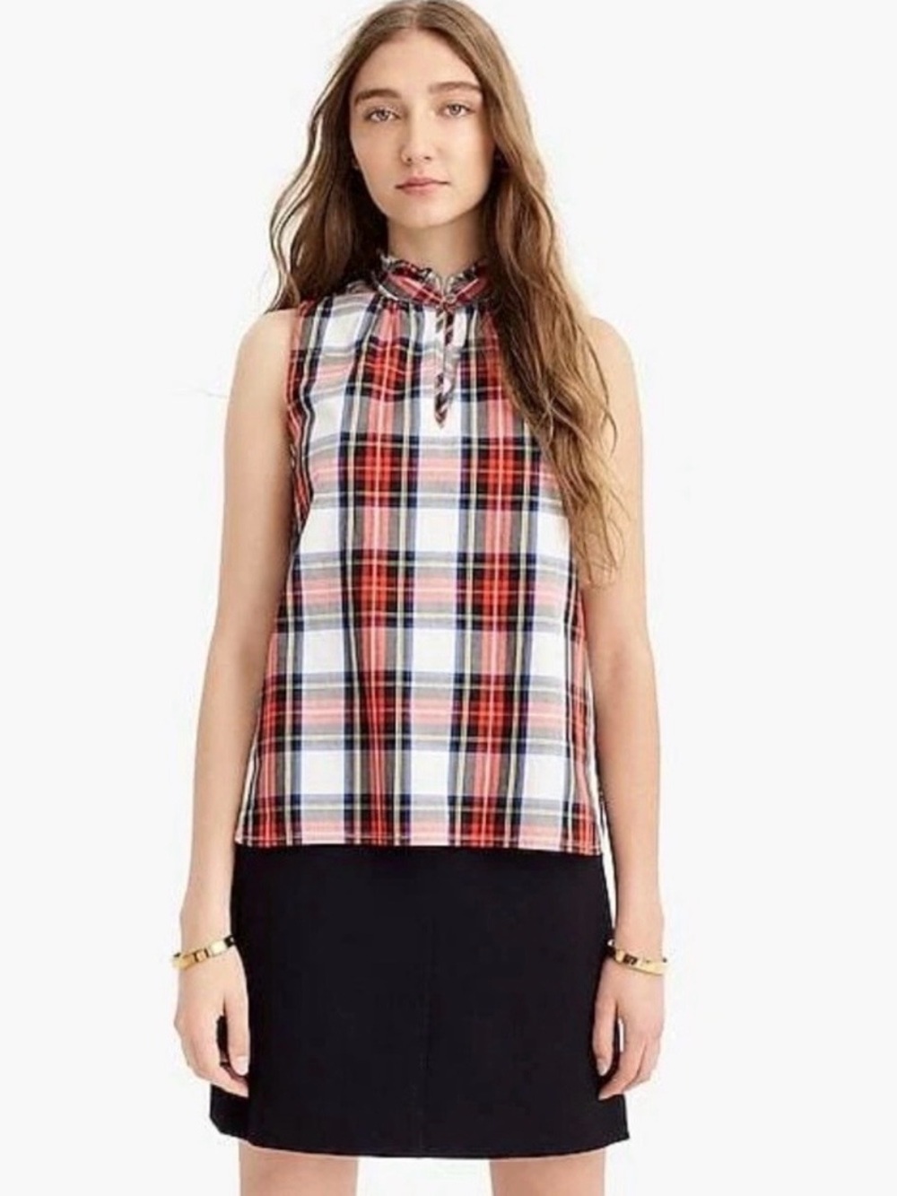 J. Crew Ruffle Neck Cotton Plaid Top In Red Navy Plaid Size 12